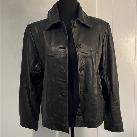Jones New York Black Leather Jacket Minimalist Edgy Luxury Mobwife Large Petite - Picture 2 of 14